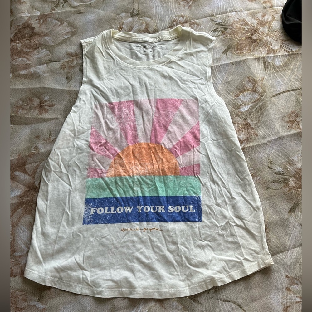 Spiritual Gangster Cream Muscle Tee with Colorful Graphic